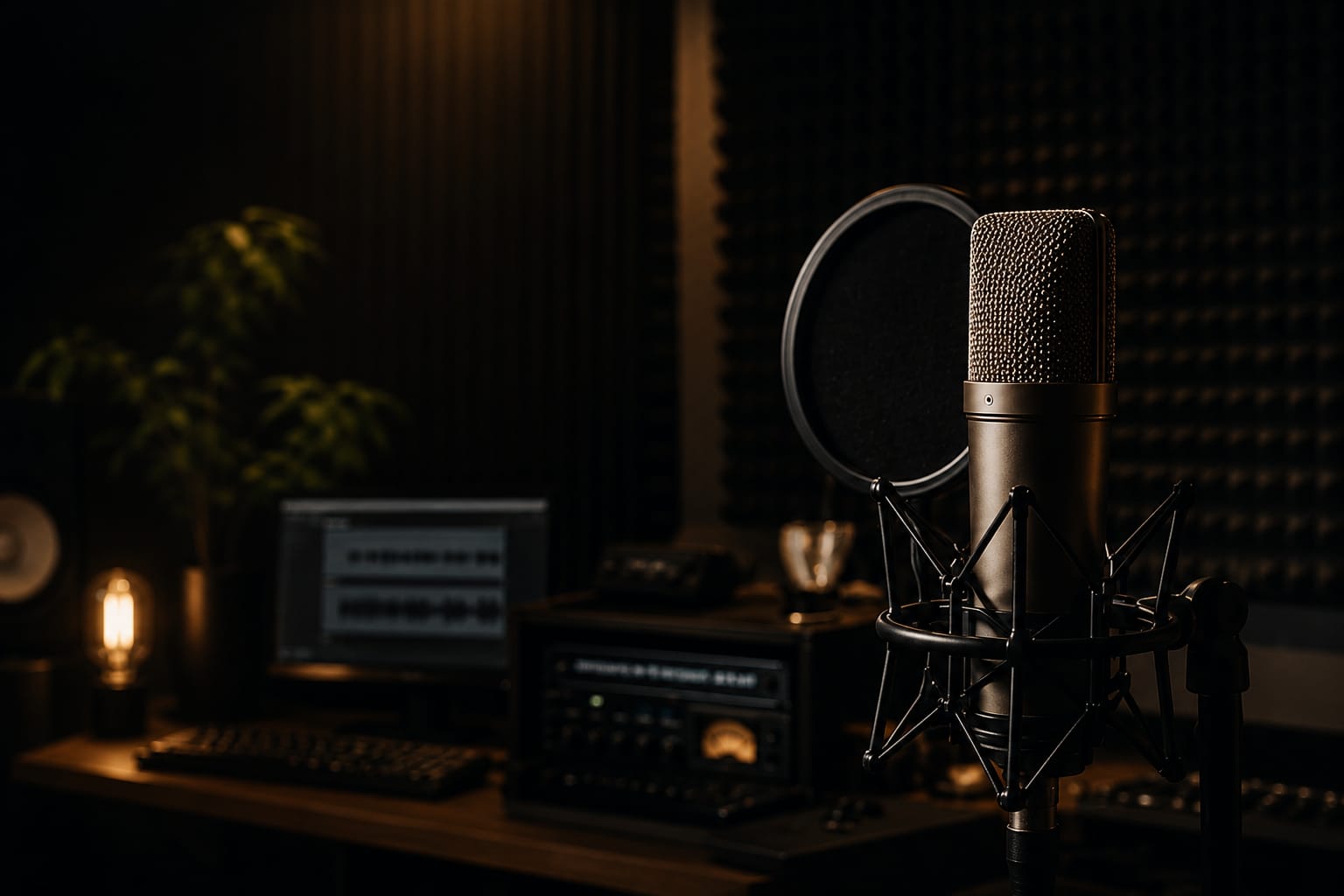 Micrófono de condensador profesional en cabina de grabación de FTC Dubbing
