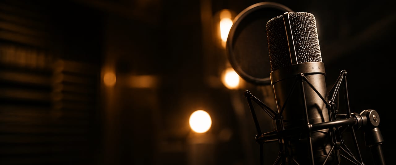Micrófono de estudio entre luces cálidas desenfocadas