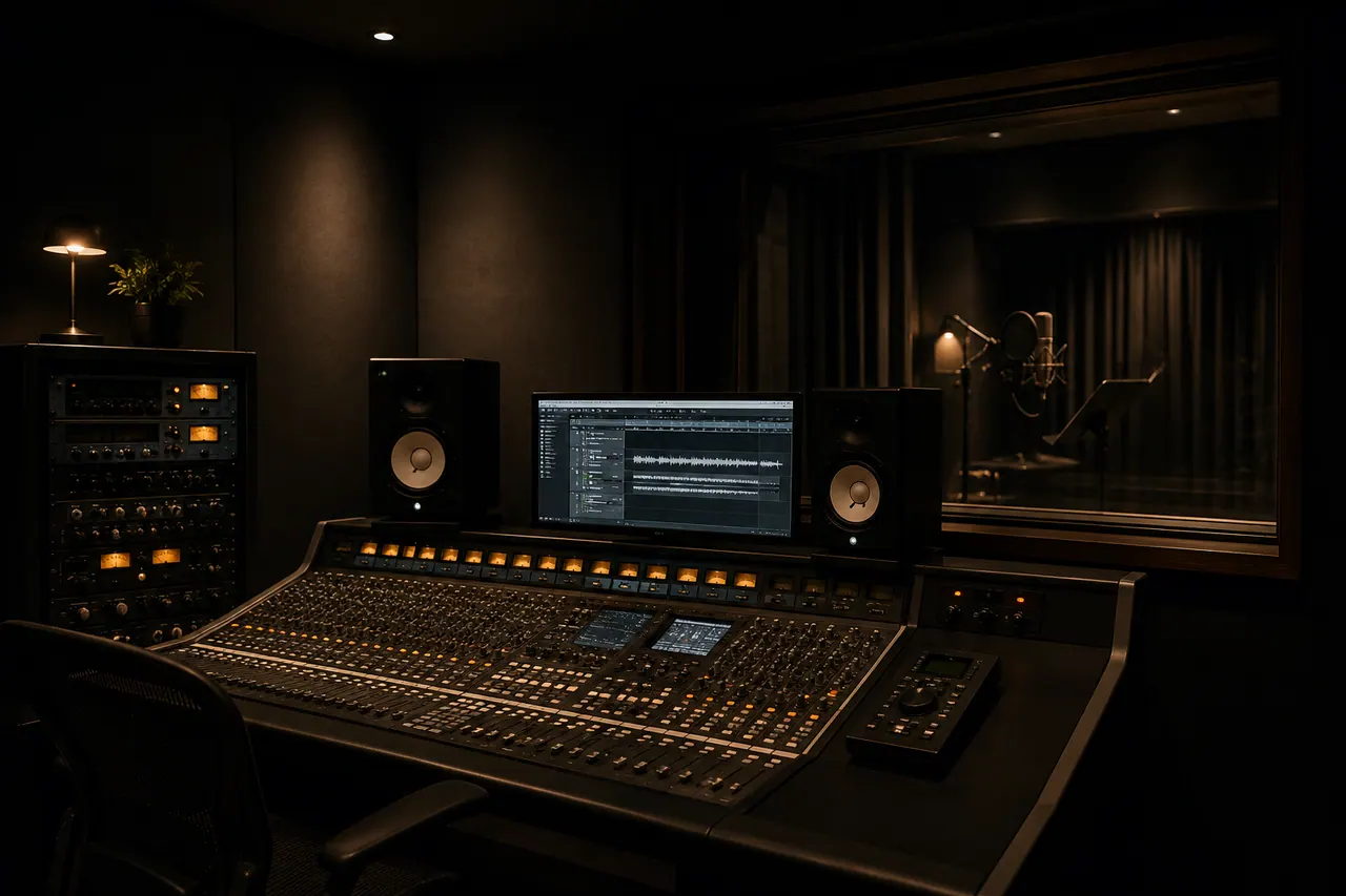 Consola de mezcla y DAW en estudio FTC Dubbing